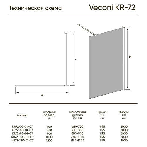 Душевая перегородка 900x2000 профиль Хром стекло Прозрачное KR72-90-01-C7 VECONI