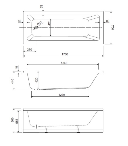Акриловая ванна PLANE SOLO MINI-170-70-42-W37 1700x700x420 CEZARES