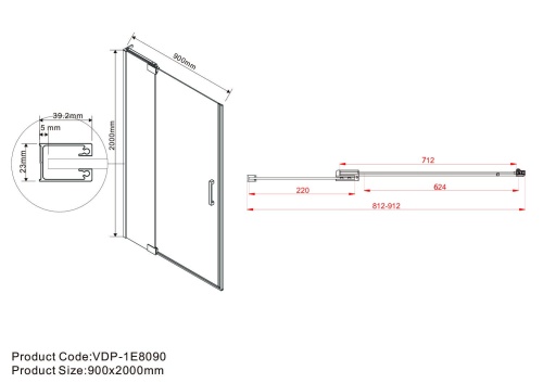 Душевая дверь Extra VDP-1E8090CLGM 800/900х2000 цвет вороненая сталь стекло прозрачное Vincea